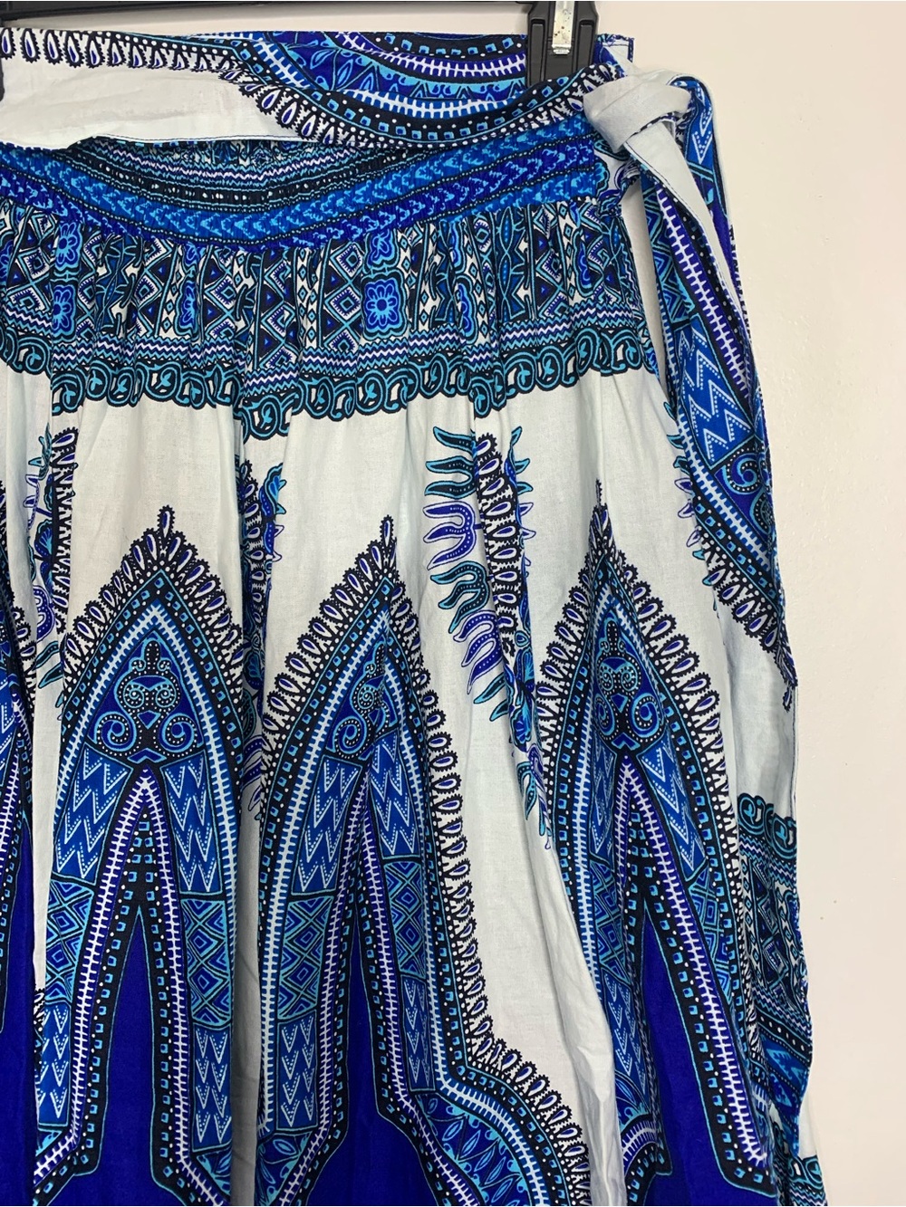 Bohemian Blue & White Cotton tribal tie waist smocked pocket maxi skirt small - Picture 5 of 14
